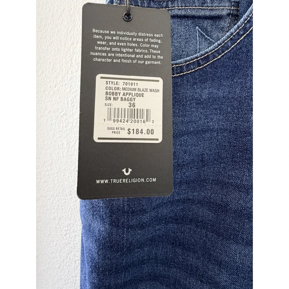NWT True Religion Bobby Applique Baggy Fit Jeans Men Medium Blaze Wash Size 36